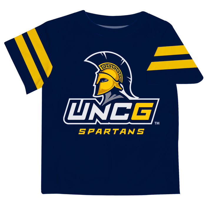 UNCG Spartans Vive La Fete Boys Game Day Navy Short Sleeve Tee with Stripes on Sleeves - Vive La Fête - Online Apparel Store