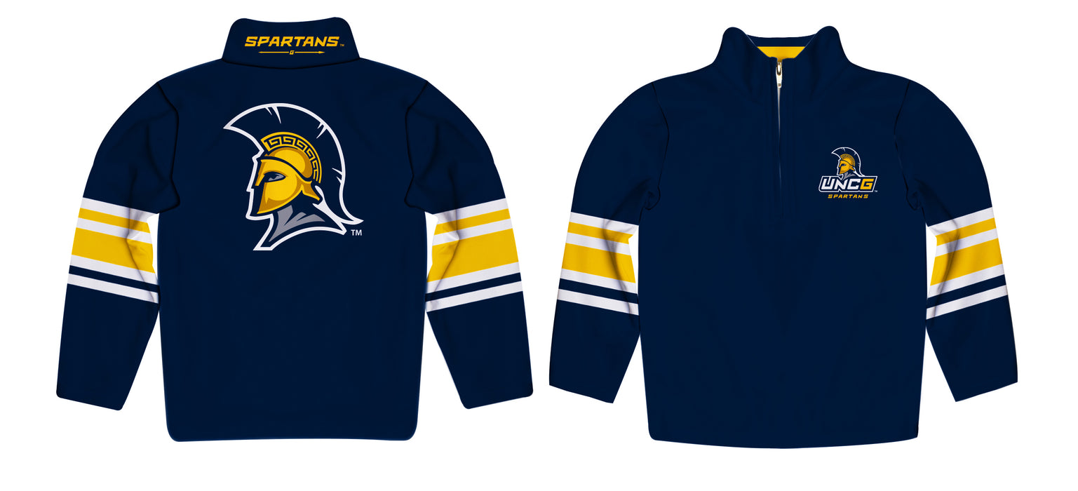 UNC Greensboro Spartans UNCG Vive La Fete Game Day Navy Quarter Zip Pullover Stripes on Sleeves - Vive La Fête - Online Apparel Store