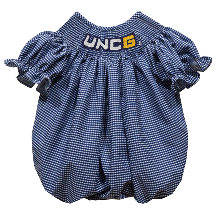 UNC Greensboro Spartans UNCG Smocked Navy Gingham Short Sleeve Girls Bubble