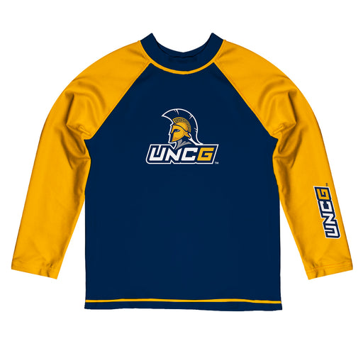 UNC Greensboro Spartans UNCG Vive La Fete Logo Blue Gold Long Sleeve Raglan Rashguard