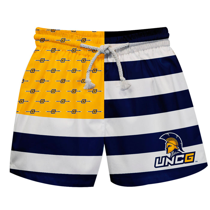 UNC Greensboro Spartans UNCG Vive La Fete Game Day Blue White Gold Flag Swimtrunks V1