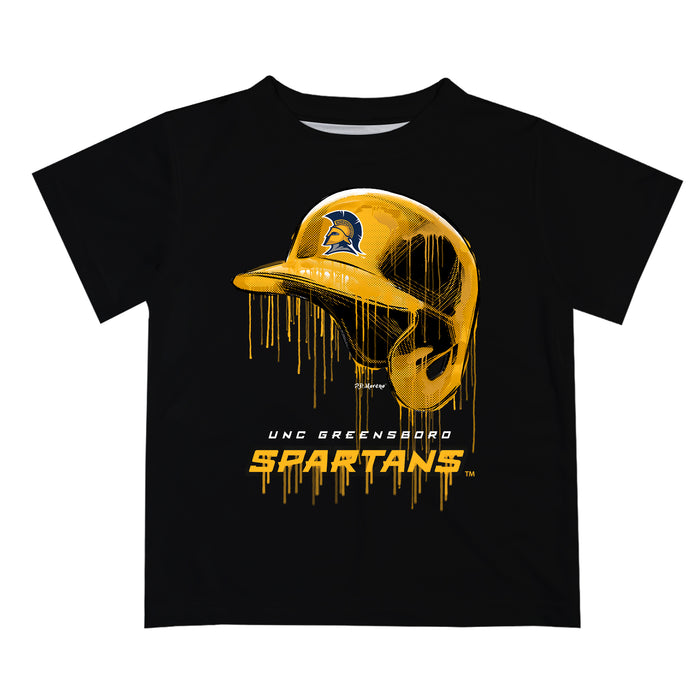 UNC Greensboro Spartans UNCG Original Dripping Baseball Helmet Black T-Shirt by Vive La Fete