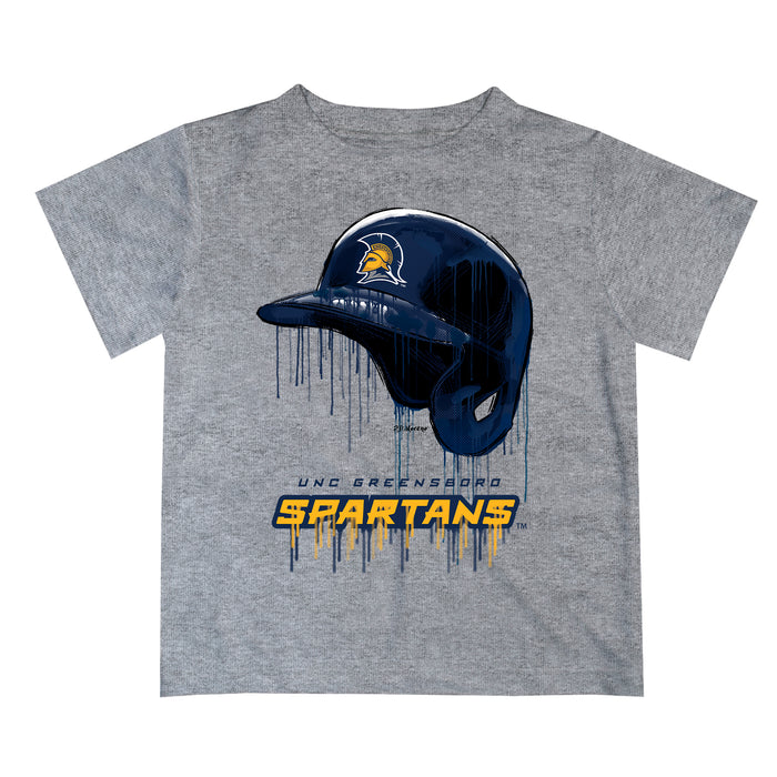 UNC Greensboro Spartans UNCG Original Dripping Baseball Helmet Heather Gray T-Shirt by Vive La Fete