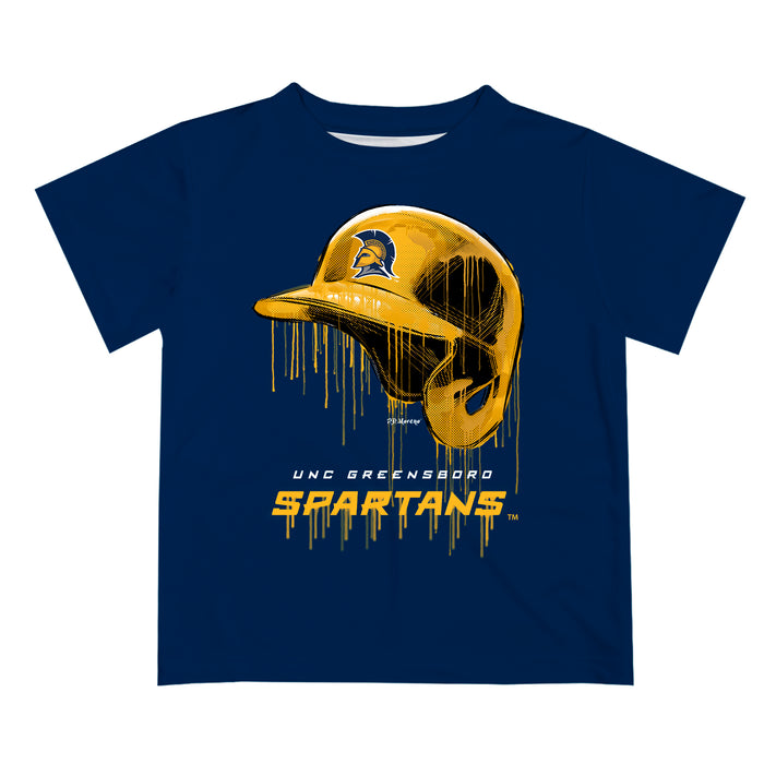 UNC Greensboro Spartans UNCG Original Dripping Baseball Helmet Blue T-Shirt by Vive La Fete
