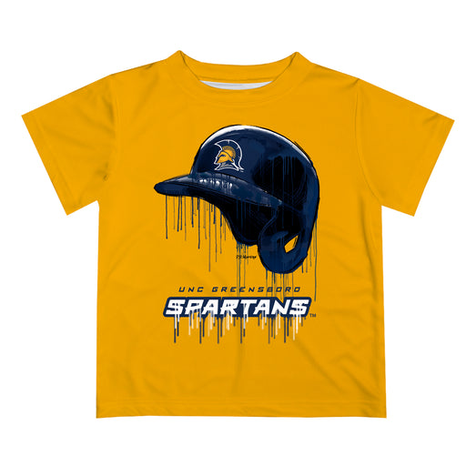 UNC Greensboro Spartans UNCG Original Dripping Baseball Helmet Gold T-Shirt by Vive La Fete