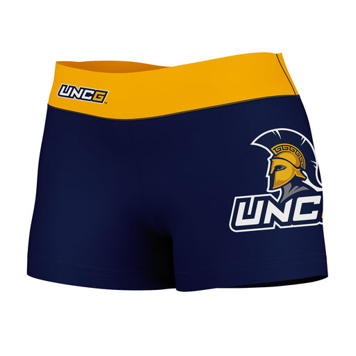 UNC Greensboro Spartans Vive La Fete Logo on Thigh & Waistband Blue Gold Women Yoga Booty Workout Shorts 3.75 Inseam