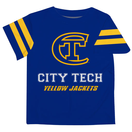 City Tech Yellow Jackets NYCCT Vive La Fete Boys Game Day Blue Short Sleeve Tee with Stripes on Sleeves