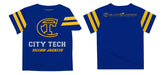 City Tech Yellow Jackets NYCCT Vive La Fete Boys Game Day Blue Short Sleeve Tee with Stripes on Sleeves - Vive La Fête - Online Apparel Store