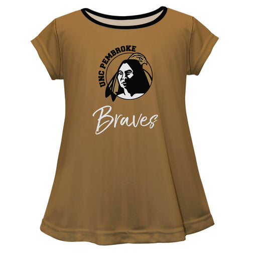 North Carolina at Pembroke Braves Vive La Fete Girls Game Day Short Sleeve Gold Top with School Logo and Name