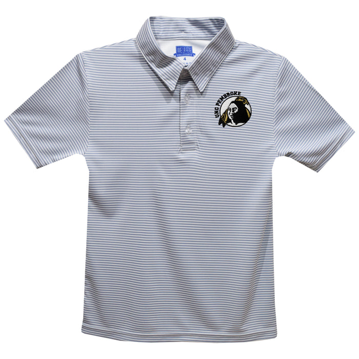 North Carolina at Pembroke Braves Embroidered Gray Stripes Short Sleeve Polo Box Shirt