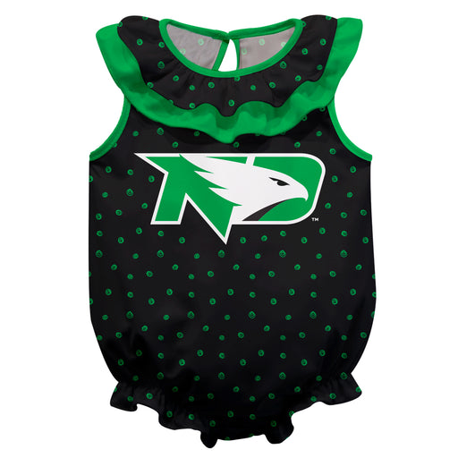 UND Fighting Hawks Swirls Black Sleeveless Ruffle Onesie Logo Bodysuit