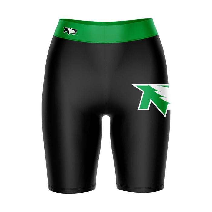 UND Fighting Hawks Vive La Fete Game Day Logo on Thigh and Waistband Black and Green Women Bike Short 9 Inseam"