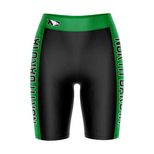 North Dakota Fighting Hawks Vive La Fete Game Day Logo on Waistband and Green Stripes Black Women Bike Short 9 Inseam"