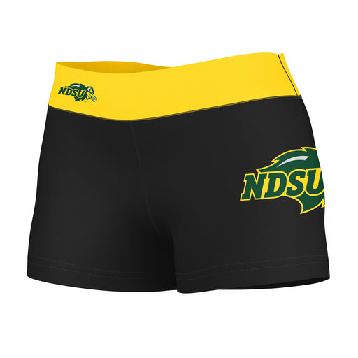 NDSU Bison Vive La Fete Game Day Logo on Thigh and Waistband Black and Gold Women Yoga Booty Workout Shorts 3.75 Inseam"