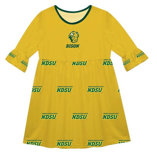 North Dakota Bison Vive La Fete Girls Game Day 3/4 Sleeve Solid Yellow All Over Logo on Skirt