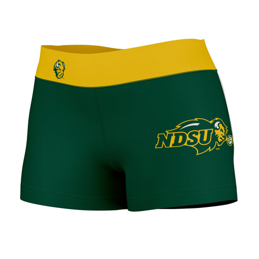 North Dakota Bison Vive La Fete Logo on Thigh & Waistband Green Gold Women Yoga Booty Workout Shorts 3.75 Inseam