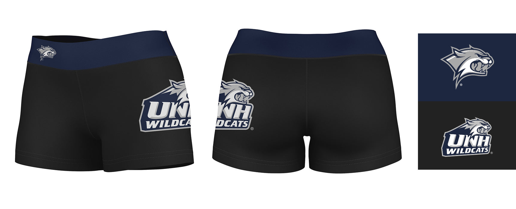 New Hampshire Wildcats UNH Vive La Fete Logo on Thigh and Waistband Black & Navy Women Booty Workout Shorts 3.75 Inseam" - Vive La Fête - Online Apparel Store