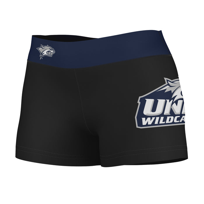 New Hampshire Wildcats UNH Vive La Fete Logo on Thigh and Waistband Black & Navy Women Booty Workout Shorts 3.75 Inseam"