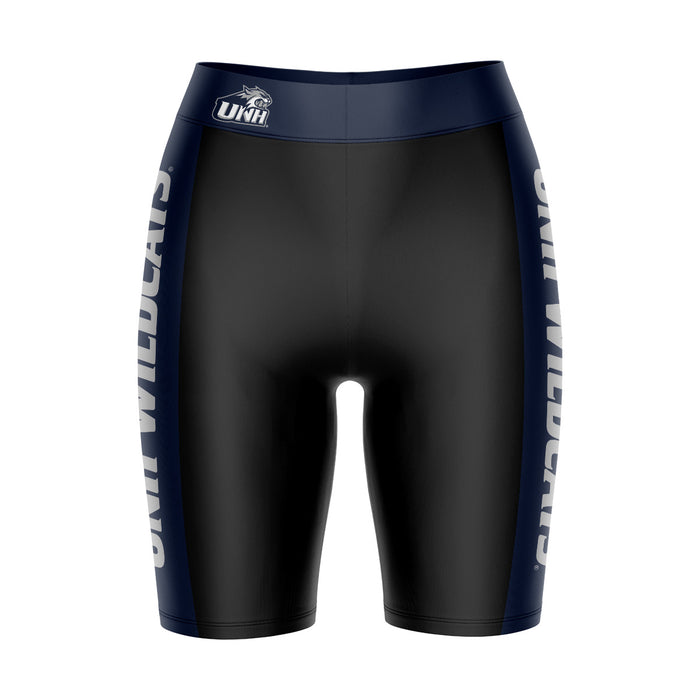 New Hampshire Wildcats UNH Vive La Fete Game Day Logo on Waistband and Navy Stripes Black Women Bike Short 9 Inseam