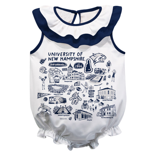 University of New Hampshire Wildcats UNH  White Hand Sketched Vive La Fete Impressions Artwork Sleeveless Ruffle Onesie