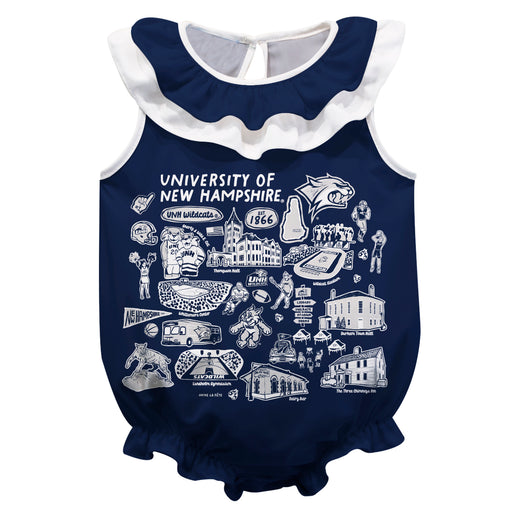 University of New Hampshire Wildcats UNH  Blue Hand Sketched Vive La Fete Impressions Artwork Sleeveless Ruffle Onesie B