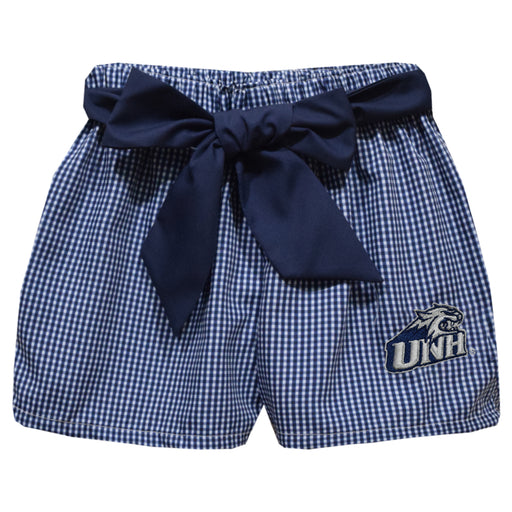 New Hampshire Wildcats UNH Embroidered Navy Gingham Girls Short with Sash