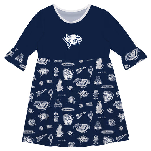 New Hampshire Wildcats UNH 3/4 Sleeve Solid Blue Repeat Print Hand Sketched Vive La Fete Impressions Artwork on Skirt