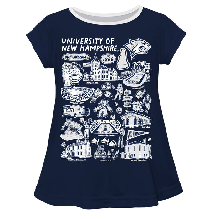 University of New Hampshire Wildcats UNH Hand Sketched Vive La Fete Impressions Artwork Blue Short Sleeve Top