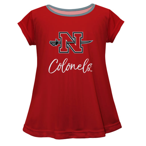 Nicholls State Colonels Vive La Fete Girls Game Day Short Sleeve Red Top with School Logo and Name