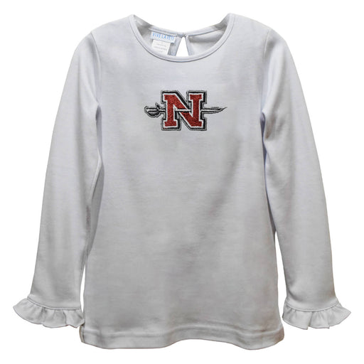 Nicholls State University Colones Embroidered White Knit Long Sleeve Girls Blouse