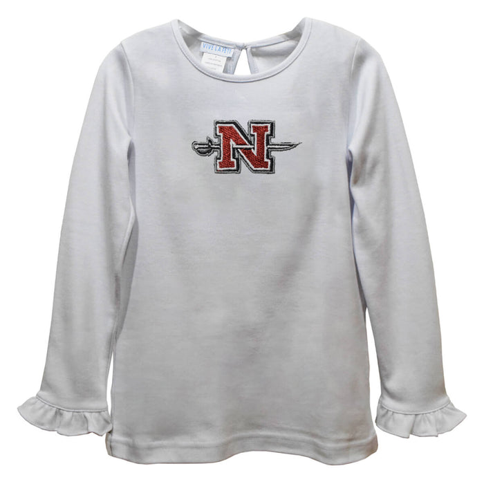 Nicholls State University Colones Embroidered White Knit Long Sleeve Girls Blouse