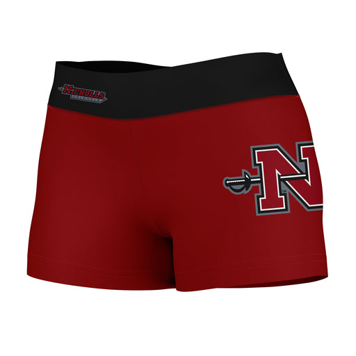 Nicholls State Colonels Vive La Fete Logo on Thigh & Waistband Red Black Women Yoga Booty Workout Shorts 3.75 Inseam