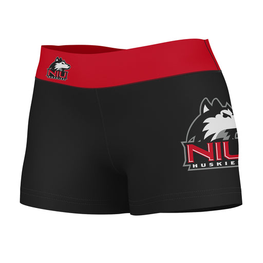 NIU Huskies Vive La Fete Game Day Logo on Thigh and Waistband Black and Red Women Yoga Booty Workout Shorts 3.75 Inseam"