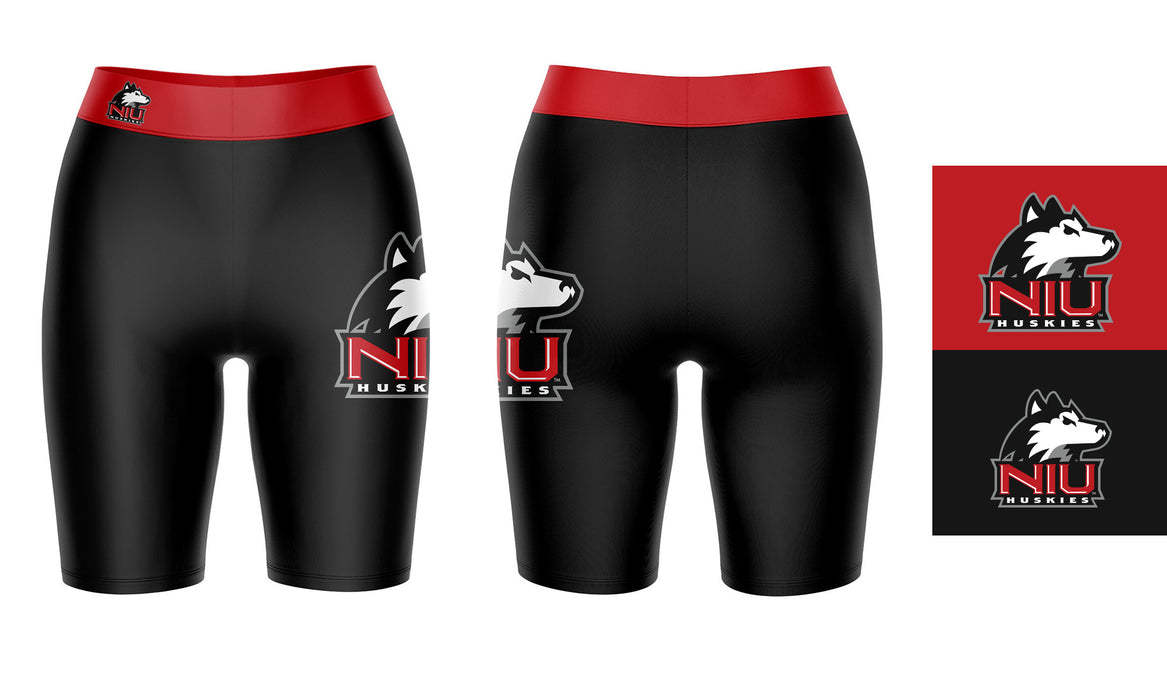 NIU Huskies Vive La Fete Game Day Logo on Thigh and Waistband Black and Red Women Bike Short 9 Inseam" - Vive La Fête - Online Apparel Store