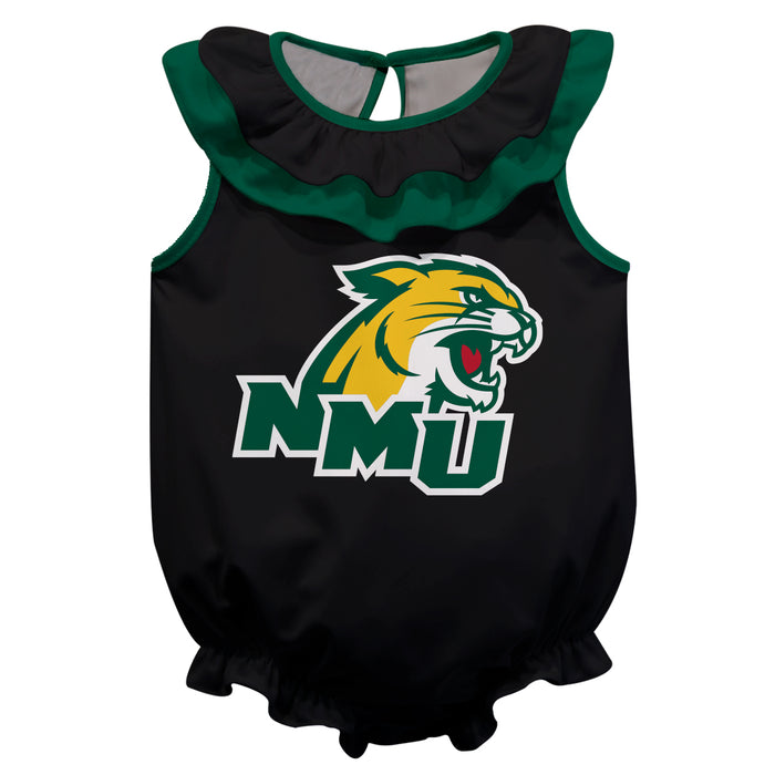 NMU Northern Michigan Wildcats Black Sleeveless Ruffle Onesie Logo Bodysuit by Vive La Fete