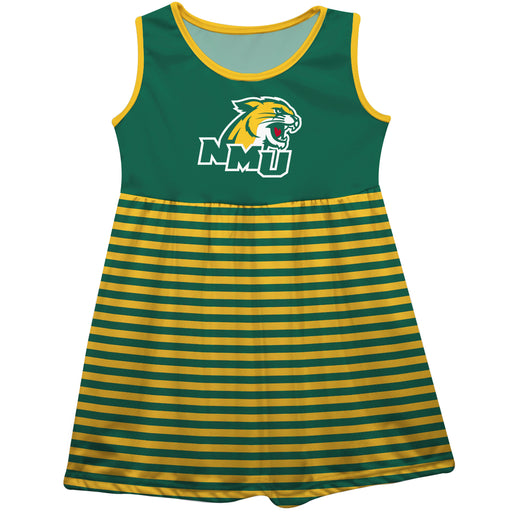 NMU Northern Michigan Wildcats Green and Gold Sleeveless Tank Dress with Stripes on Skirt by Vive La Fete