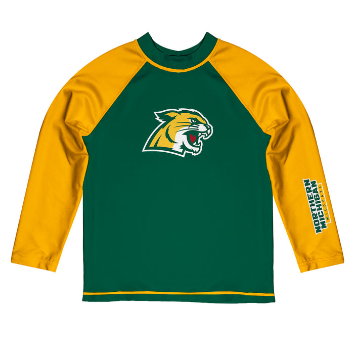 Northern Michigan Wildcats Vive La Fete Logo Green Gold Long Sleeve Raglan Rashguard