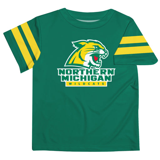 Northern Michigan Wildcats Vive La Fete Boys Game Day Green Short Sleeve Tee with Stripes on Sleeves