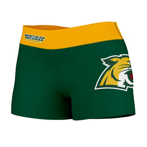 NMU Wildcats Vive La Fete Logo on Thigh & Waistband Green Gold Women Yoga Booty Workout Shorts 3.75 Inseam