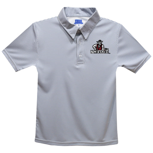 New Mexico State University Aggies, NMSU Aggies Embroidered Gray Stripes Short Sleeve Polo Box Shirt