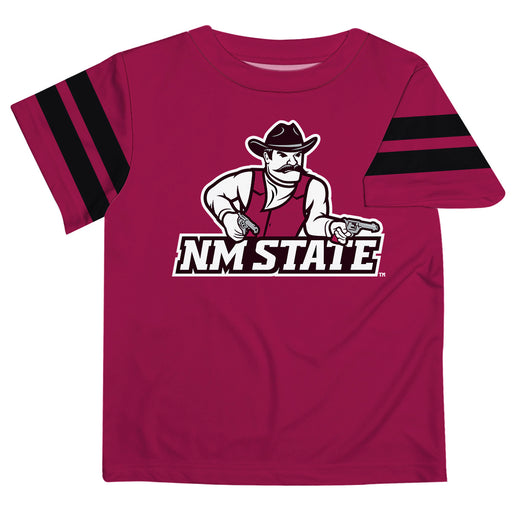 New Mexico State University Aggies Vive La Fete Boys Game Day Crimson Short Sleeve Tee with Stripes on Sleeves