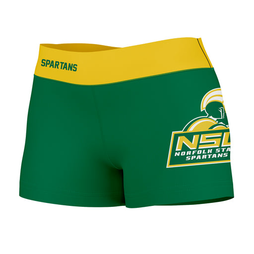 Norfolk State Spartans Vive La Fete Logo on Thigh & Waistband Green Gold Women Yoga Booty Workout Shorts 3.75 Inseam