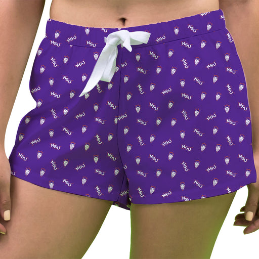 Northwestern State Demons Vive La Fete Game Day All Over Logo Women Purple Lounge Shorts