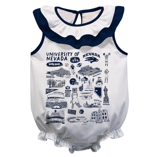 University of Nevada Reno Wolfpack  White Hand Sketched Vive La Fete Impressions Artwork Sleeveless Ruffle Onesie Bodysu