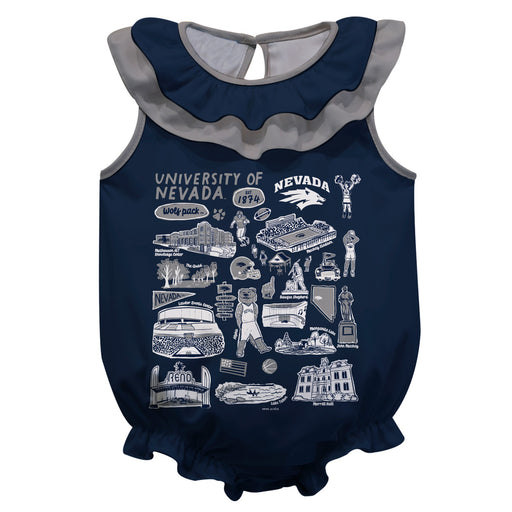 University of Nevada Reno Wolfpack  Navy Hand Sketched Vive La Fete Impressions Artwork Sleeveless Ruffle Onesie Bodysui