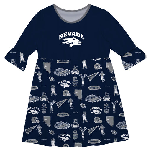 Nevada Reno Wolfpack 3/4 Sleeve Solid Navy Repeat Print Hand Sketched Vive La Fete Impressions Artwork on Skirt