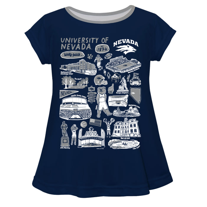 University of Nevada Reno Wolfpack Hand Sketched Vive La Fete Impressions Artwork Navy Short Sleeve Top