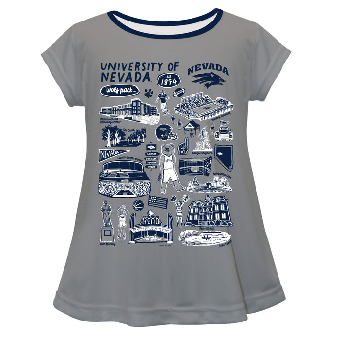 University of Nevada Reno Wolfpack Hand Sketched Vive La Fete Impressions Artwork Gray Short Sleeve Top