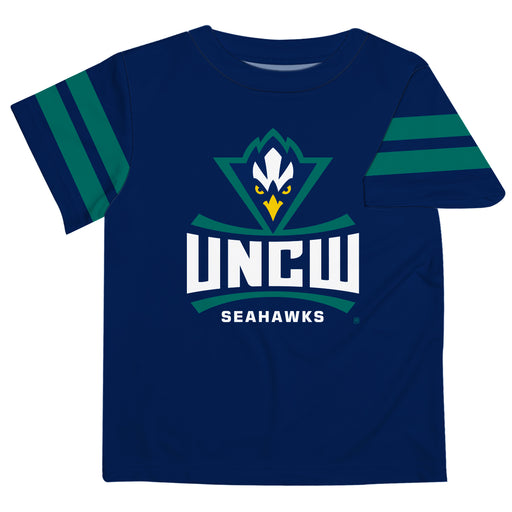 UNC Wilmington Seahawks UNCW Vive La Fete Boys Game Day Navy Short Sleeve Tee with Stripes on Sleeves