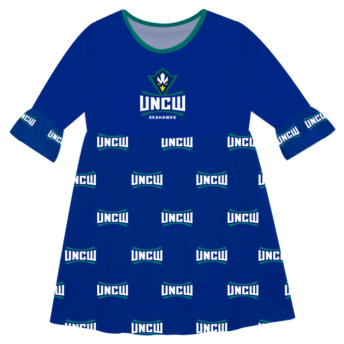 UNC Wilmington Seahawks UNCW Vive La Fete Girls Game Day 3/4 Sleeve Solid Blue All Over Logo on Skirt